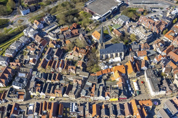 St. Christophorus Church in the old town, historic town hall on the market square, Werne, Ruhr area, North Rhine-Westphalia, Germany, place of worship, DE, Europe, religious community, place of worship, holy place, city centre view, church, parish, denomination, aerial view, aerial photography, aerial photography, Münsterland, town hall, religion, religious site, overview, bird's-eye view, birds-eyes view, overview