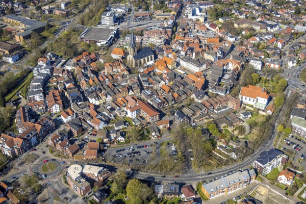 Aerial view, St. Christophorus Church and historic town hall on the market square in the old town, on the right the Capuchin monastery, Werne, Ruhr area, North Rhine-Westphalia, Germany, place of worship, authority, DE, Europe, religious community, place of worship, sacred site, city centre view, church, church community, monastery, denomination, aerial view, aerial photography, aerial photography, Münsterland, town hall, religion, religious site, city administration, overview, bird's eye view, birds-eyes view, overview