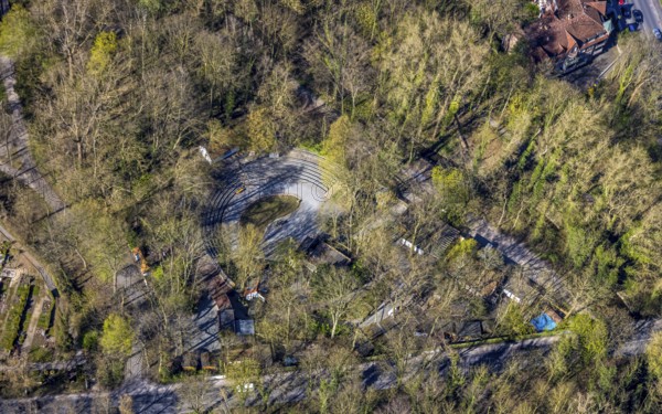 Aerial view, semicircular open-air stage, venue in the park, Werne, Ruhr area, North Rhine-Westphalia, Germany, DE, Europe, events, culture, art, aerial photography, aerial photography, Münsterland, theatre, overview, events, venue, event location, event centre, bird's-eye view, birds-eyes view, cultural use, overview