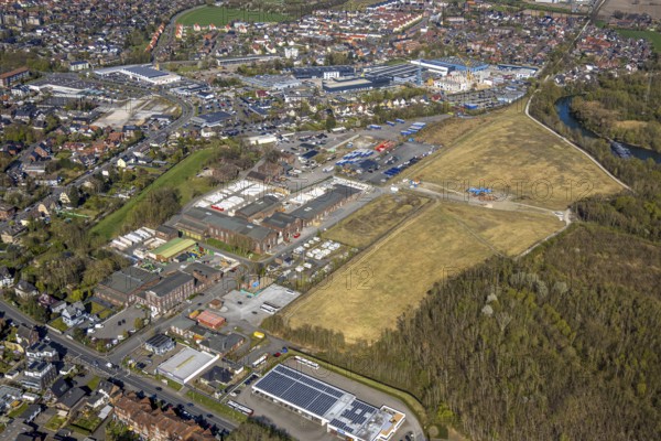 Aerial view, industrial area former Werne colliery shaft 1/2, brownfield site Flöz-Zollverein-Straße, Werne, Ruhr area, North Rhine-Westphalia, Germany, construction site, brownfield site, DE, Europe, aerial view, aerial photography, aerial photography, Münsterland, overview, bird's-eye view, colliery, birds-eyes view, overview