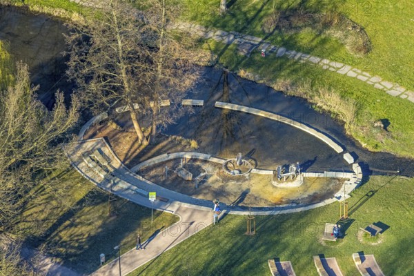 Aerial view, Werl spa gardens with water playground at the Salzbach river, Werl, Soester Börde, North Rhine-Westphalia, Germany, DE, Europe, spa gardens, aerial view, aerial photography, aerial photography, overview, bird's-eye view, overview