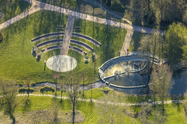 Aerial view, spa garden Werl with stage and water playground at the Salzbach river, Werl, Soester Börde, North Rhine-Westphalia, Germany, DE, Europe, spa garden, aerial view, aerial photography, aerial photography, overview, bird's-eye view, overview
