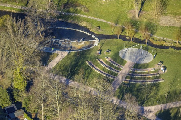 Aerial view, spa garden Werl with stage and water playground at the Salzbach river, Werl, Soester Börde, North Rhine-Westphalia, Germany, DE, Europe, spa garden, aerial view, aerial photography, aerial photography, overview, bird's-eye view, overview