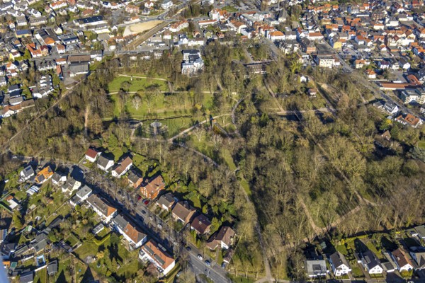 Aerial view, spa garden and Stadtpark, Werl, Soester Börde, North Rhine-Westphalia, Germany, DE, Europe, aerial view, aerial photography, aerial photography, recreation area, park, overview, bird's eye view, birds-eyes view, green lung, overview