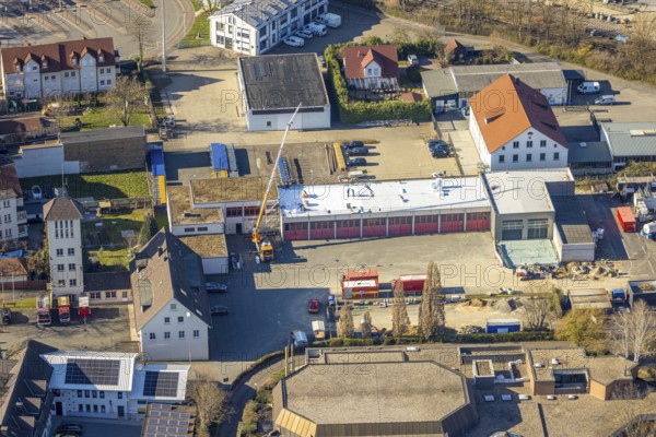 Aerial view, construction site roof works volunteer fire brigade, Werl, Soester Börde, North Rhine-Westphalia, Germany, construction works, construction area, construction site, building plots, construction project, construction site, DE, Europe, aerial view, aerial photography, aerial photography, new construction, overview, bird's-eye view, overview