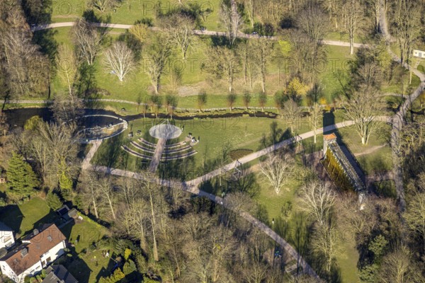 Aerial view, spa garden Werl with stage and water playground at the Salzbach river, Werl, Soester Börde, North Rhine-Westphalia, Germany, DE, Europe, spa garden, aerial view, aerial photography, aerial photography, overview, bird's-eye view, overview