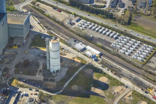 Aerial photo, RWE Generation SE Gersteinwerk power plant, stationary batteries for electricity storage, innovative battery storage, Stockum, Werne, Ruhr area, North Rhine-Westphalia, Germany, DE, Europe, power plant, aerial photo, aerial photography, aerial photography, Münsterland, overview, bird's-eye view, birds-eyes view, overview