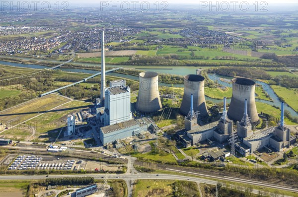 Aerial photo, RWE Generation SE Gersteinwerk power plant, stationary batteries for electricity storage, innovative battery storage, Stockum, Werne, Ruhr area, North Rhine-Westphalia, Germany, DE, Europe, power plant, aerial photo, aerial photography, aerial photography, Münsterland, overview, bird's-eye view, birds-eyes view, overview