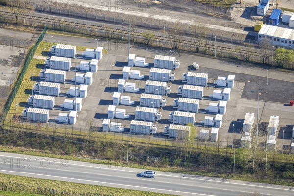 Aerial photo, RWE Generation SE Gersteinwerk power plant, stationary batteries for electricity storage, innovative battery storage, Stockum, Werne, Ruhr area, North Rhine-Westphalia, Germany, DE, Europe, power plant, aerial photo, aerial photography, aerial photography, Münsterland, overview, bird's-eye view, birds-eyes view, overview