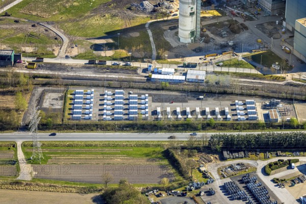 Aerial photo, RWE Generation SE Gersteinwerk power plant, stationary batteries for electricity storage, innovative battery storage, Stockum, Werne, Ruhr area, North Rhine-Westphalia, Germany, DE, Europe, power plant, aerial photo, aerial photography, aerial photography, Münsterland, overview, bird's-eye view, birds-eyes view, overview