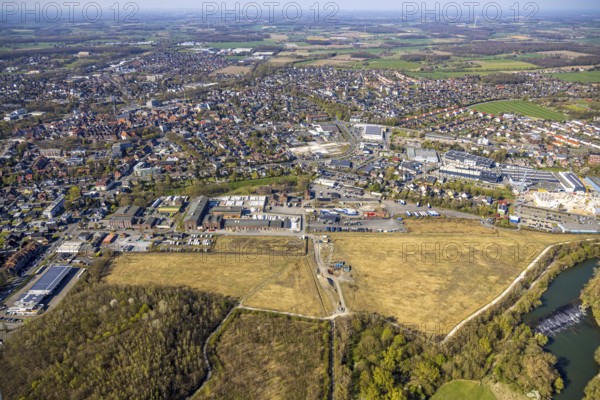 Aerial view, industrial area former Werne colliery shaft 1/2, brownfield site Flöz-Zollverein-Straße, Werne, Ruhr area, North Rhine-Westphalia, Germany, construction site, brownfield site, DE, Europe, aerial view, aerial photography, aerial photography, Münsterland, overview, bird's-eye view, colliery, birds-eyes view, overview