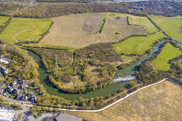 Aerial view, nature reserve NSG Lippeaue from Stockum to Werne with waterfall Gleitsohle, Rünthe, Bergkamen, Ruhr area, North Rhine-Westphalia, Germany, DE, Europe, aerial view, aerial photography, aerial photography, Münsterland, overview, bird's-eye view, Werne, birds-eyes view, overview