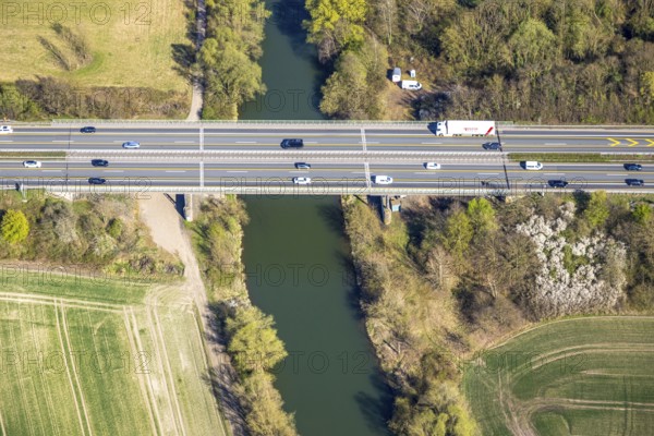 Aerial view, motorway bridge A1 over the river Lippe, district Herringen, Hamm, Ruhr area, North Rhine-Westphalia, Germany, motorway, DE, Europe, Lippe bridge, aerial view, aerial photography, aerial photography, Münsterland, road traffic, overview, bird's eye view, Werne, birds-eyes view, overview