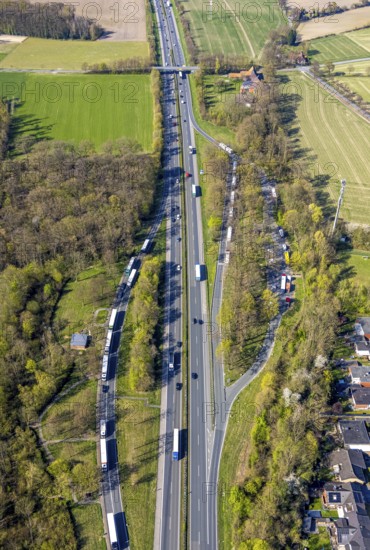 Aerial view, motorway A1 with truck rest area An Der Landwehr and parking area Fuchseggen, Werne, Ruhr area, North Rhine-Westphalia, Germany, motorway, DE, Europe, truck parking area, aerial view, aerial photography, aerial photography, Münsterland, rest area, road traffic, overview, bird's-eye view, overview
