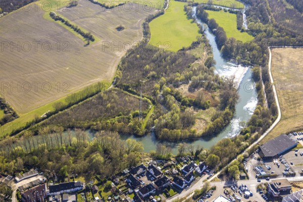 Aerial view, nature reserve NSG Lippeaue from Stockum to Werne with waterfall Gleitsohle, Rünthe, Bergkamen, Ruhr area, North Rhine-Westphalia, Germany, DE, Europe, aerial view, aerial photography, aerial photography, Münsterland, overview, bird's-eye view, Werne, birds-eyes view, overview