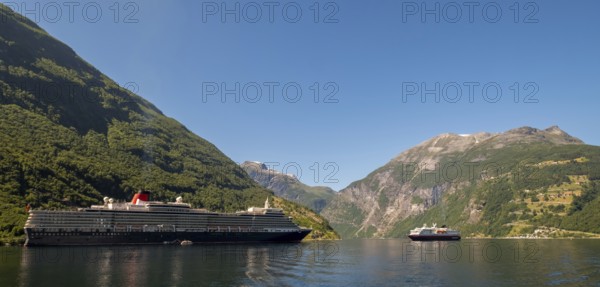 Ship RMS Queen Elizabeth, Geiranger, Møre og Romsdal, Norway, Scandinavia, Europe, adventure travel, mountainside, tourism, Hurtigruten, Hurtigrutenreise, cruise, cruise ship, Møre og Romsdal, NOR, passenger ship, travel, destination, Royal Mail Ship, ship, sea voyage, sightseeing, tourism, Norwegian, Scandinavian, touristic