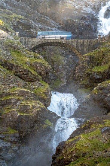 Coach, bridge Stigfossbrua, waterfall Stigfossen, Innfjorden, Møre og Romsdal, Norway, Scandinavia, Europe, adventure trip, mountain road R63, bus, tourism, Hurtigruten, Hurtigruten trip, cruise, Møre og Romsdal, NOR, travel, destination, sea trip, sightseeing, tourism, waterfall, Norwegian, Scandinavian, touristic
