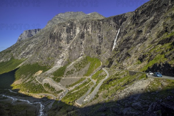 Trollstigen near Andalsnes, serpentines, hairpin bends, Stigfossen waterfall, Innfjorden, Møre og Romsdal, Norway, Scandinavia, Europe, adventure trip, mountainside, mountain road R63, rock faces, tourism, Hurtigruten, Hurtigruten trip, cruise, Møre og Romsdal, NOR, travel, destination, sea trip, sightseeing, tourism, waterfall, Norwegian, Scandinavian, touristic