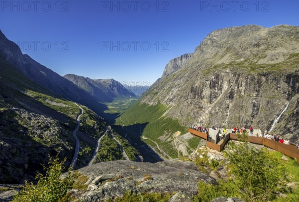 Trollstigen near Andalsnes, serpentines, Stigfossen waterfall, viewpoint, Innfjorden, Møre og Romsdal, Norway, Scandinavia, Europe, adventure trip, excursion destination, viewing platform, mountainside, rock faces, tourism, Hurtigruten, Hurtigruten trip, cruise, Møre og Romsdal, NOR, travel, destination, sea trip, sightseeing, tourism, Norwegian, Scandinavian, touristic
