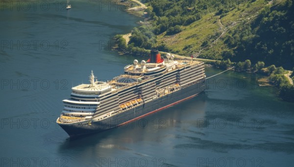 GeirangerFjord, view of Geiranger, ship Queen Elizabeth at anchor, Møre og Romsdal, Norway, Scandinavia, Europe, adventure travel, tourism, Geiranger, harbour, Hurtigruten, Hurtigruten voyage, cruise, cruise ship, Møre og Romsdal, NOR, travel, destination, ship, sea voyage, sightseeing, tourism, UNESCO World Heritage Site, Norwegian, Scandinavian, touristic