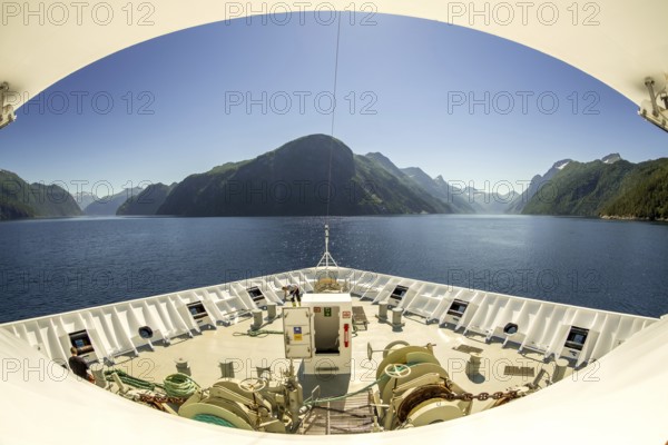 Panoramic view, bow, Storfjord, tranda, Møre og Romsdal, Norway, Scandinavia, Europe, adventure trip, view, mountains, mountainside, fjord, tourism, mountains, mountain range, mountain landscape, mountain range, Hurtigruten, Hurtigruten voyage, cruise, Møre og Romsdal, NOR, panoramic view, panoramic photo, travel, destination, ship's bow, sea voyage, sightseeing, Stranda, tourism, blue sea, Norwegian, Scandinavian, touristic