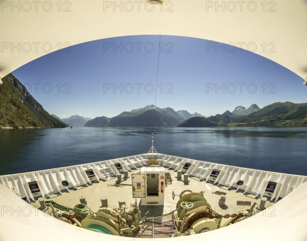 Panoramic view, bow, Storfjord, tranda, Møre og Romsdal, Norway, Scandinavia, Europe, adventure trip, view, mountains, mountainside, fjord, tourism, mountains, mountain range, mountain landscape, mountain range, Hurtigruten, Hurtigruten voyage, cruise, Møre og Romsdal, NOR, panoramic view, panoramic photo, travel, destination, ship's bow, sea voyage, sightseeing, Stranda, tourism, blue sea, Norwegian, Scandinavian, touristic
