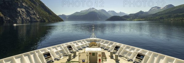 Panoramic view, bow, Storfjord, tranda, Møre og Romsdal, Norway, Scandinavia, Europe, adventure trip, view, mountains, mountainside, fjord, tourism, mountains, mountain range, mountain landscape, mountain range, Hurtigruten, Hurtigruten voyage, cruise, Møre og Romsdal, NOR, panoramic view, panoramic photo, travel, destination, ship's bow, sea voyage, sightseeing, Stranda, tourism, blue sea, Norwegian, Scandinavian, touristic