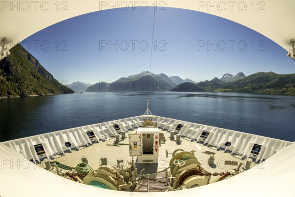 Panoramic view, bow, Storfjord, tranda, Møre og Romsdal, Norway, Scandinavia, Europe, adventure trip, view, mountains, mountainside, fjord, tourism, mountains, mountain range, mountain landscape, mountain range, Hurtigruten, Hurtigruten voyage, cruise, Møre og Romsdal, NOR, panoramic view, panoramic photo, travel, destination, ship's bow, sea voyage, sightseeing, Stranda, tourism, blue sea, Norwegian, Scandinavian, touristic