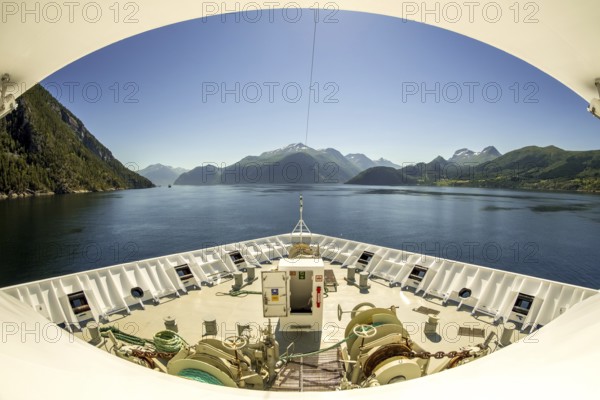 Panoramic view, bow, Storfjord, tranda, Møre og Romsdal, Norway, Scandinavia, Europe, adventure trip, view, mountains, mountainside, fjord, tourism, mountains, mountain range, mountain landscape, mountain range, Hurtigruten, Hurtigruten voyage, cruise, Møre og Romsdal, NOR, panoramic view, panoramic photo, travel, destination, ship's bow, sea voyage, sightseeing, Stranda, tourism, blue sea, Norwegian, Scandinavian, touristic