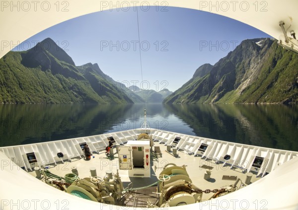 Panoramic view, bow, Storfjord, tranda, Møre og Romsdal, Norway, Scandinavia, Europe, adventure trip, view, mountains, mountainside, Eidsdal, fjord, tourism, mountain, mountain range, mountain landscape, mountain range, Hurtigruten, Hurtigruten voyage, cruise, Møre og Romsdal, NOR, panoramic view, panoramic photo, journey, destination, ship's bow, sea voyage, sightseeing, Stranda, tourism, blue sea, Norwegian, Scandinavian, touristic