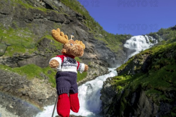 Kjosfossen waterfall, mascot moose in front of waterfall, mountain, rock faces, meadow, sky, Fureberget, Flåm, Sogn og Fjordane, Norway, Scandinavia, Europe, Flåm, NOR, travel, tourism, destination, sightseeing, sea voyage, Hurtigruten, Hurtigruten trip, tourism, Norwegian, Scandinavian, tourist, cruise, adventure trip, waterfall, waters, trees, mountains, train journey, tour, travel by Flam Railway, Flam Railway