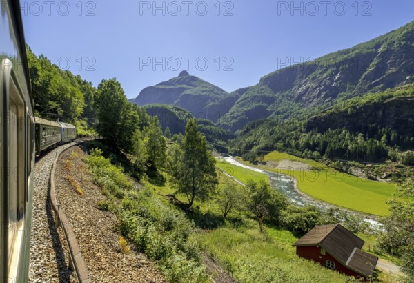 Travelling on the Flam Railway, iron railway journey, view from the Flåmsbana, Ryavegen, mountains, forests, meadows, blue sky, Flåm, Sogn og Fjordane, Norway, Scandinavia, Europe, Flåm, NOR, travel, tourism, destination, sightseeing, sea voyage, Hurtigruten, Hurtigruten trip, tourism, Norwegian, Scandinavian, tourist, cruise, adventure trip, trees, tree, forest, forestry, forestry, hill, gravel, wooden house, valley, road