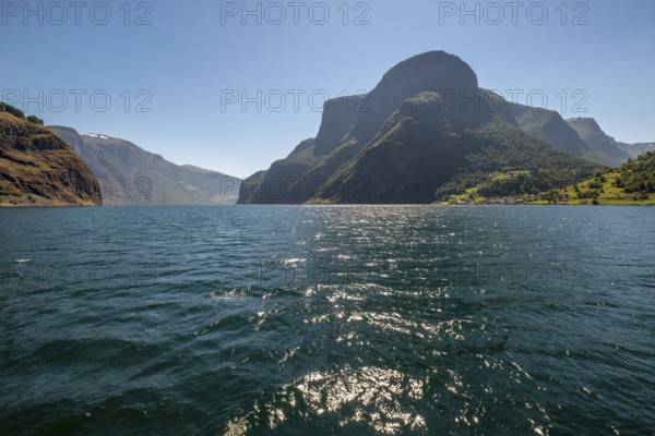 Fjord, Nærøyfjorden, Flåm, Gudvangen, mountains, trees, blue sky, Undredal, Sogn og Fjordane, Norway, Scandinavia, Europe, NOR, travel, tourism, destination, sightseeing, sea voyage, Hurtigruten, Hurtigruten trip, tourism, Norwegian, Scandinavian, tourist, cruise, adventure trip, waters, water, sightseeing, hills, forests