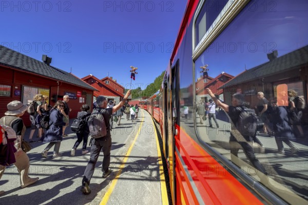 Tour guide reflected in the train window, tourists on the platform, Bergen railway station, Myrdal, red wooden houses, red train, sky, Sogn og Fjordane, Norway, Scandinavia, Europe, NOR, travel, tourism, destination, sightseeing, sea voyage, Hurtigruten, Hurtigruten trip, tourism, Norwegian, Scandinavian, tourist, cruise, adventure trip, mascot, train journey, train travel, train journey, tour, travel on the Flam Railway, Flam Railway