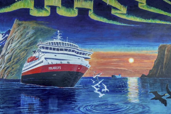 Painting cruise ship Polarlys, rocks, water, sky, sunset, seagulls, Bergen, Hordaland, Norway, Scandinavia, Europe, NOR, travel, tourism, destination, sightseeing, sea voyage, Hurtigruten, Hurtigruten trip, tourism, Norwegian, Scandinavian, tourist, cruise, adventure trip, mantle seagulls, waters, sea, ocean, shipping, artist, picture