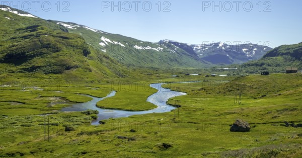 River outlets on green meadow, mountains, forest, snow peaks, sky, Myrdal, Sogn og Fjordane, Norway, Scandinavia, Europe, NOR, travel, tourism, destination, sightseeing, sea voyage, Hurtigruten, Hurtigruten trip, tourism, Norwegian, Scandinavian, tourist, cruise, adventure trip, electricity pylons, wooden huts, houses, rock, stone, hill, landscape, rural, travelling by Flam Railway, Flam Railway