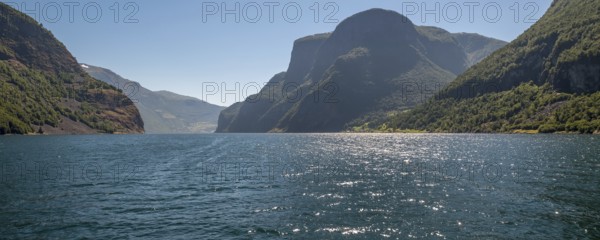 Fjord, Nærøyfjorden, Flåm, Gudvangen, mountains, trees, blue sky, Undredal, Sogn og Fjordane, Norway, Scandinavia, Europe, NOR, travel, tourism, destination, sightseeing, sea voyage, Hurtigruten, Hurtigruten trip, tourism, Norwegian, Scandinavian, tourist, cruise, adventure trip, waters, water, sightseeing, hills, forests