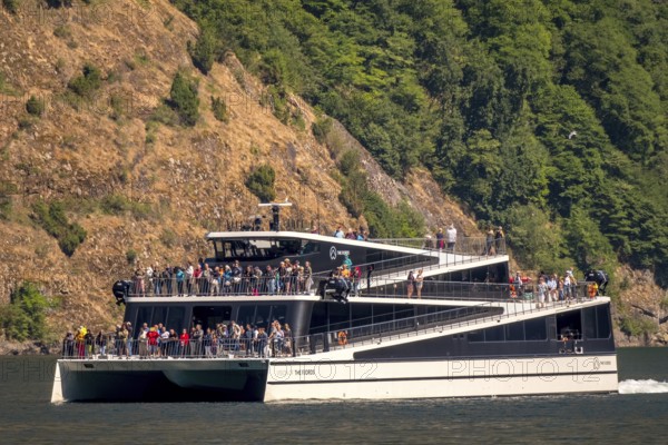 Catamaran, The Fjords, excursion boat, fjord, Nærøyfjorden, cliffs, trees, Styvi, Sogn og Fjordane, Norway, Scandinavia, Europe, NOR, travel, tourism, destination, sightseeing, sea voyage, Hurtigruten, Hurtigruten trip, tourism, Norwegian, Scandinavian, tourist, cruise, adventure trip, shipping, seafaring, waters, water, river, forest