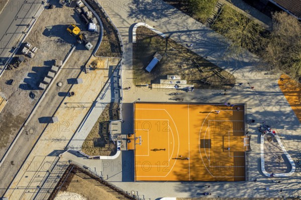 Aerial view, Marienschule Büderich primary school, construction site family centre Büderich daycare centre kindergarten extension in timber construction, new football pitch, Ostbüderich, Werl, Soester Börde, North Rhine-Westphalia, Germany, architecture, construction work, construction area, building site, building plots, construction measure, construction project, construction site, education, Büderich, DE, village, development, extension, Europe, family centre, building, community, primary school, timber construction, infrastructure, childcare, kindergarten, nursery, construction, landscape, aerial view, aerial photography, aerial photography, Marienschule Büderich, new construction, schools, school building, structure, urban, overview, bird's-eye view, birds-eyes view, modern construction, overview, environmentally friendly