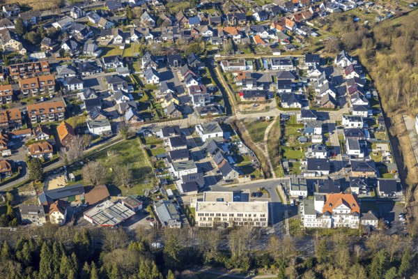 Aerial view, residential area An den Sieben Quellen, below district court, Werl, Soester Börde, North Rhine-Westphalia, Germany, DE, Europe, property tax, real estate, aerial view, aerial photography, aerial photography, overview, bird's eye view, residential complex, living and living, residential area, residential quality, residential neighbourhood, housing estate, residential district, birds-eyes view, overview