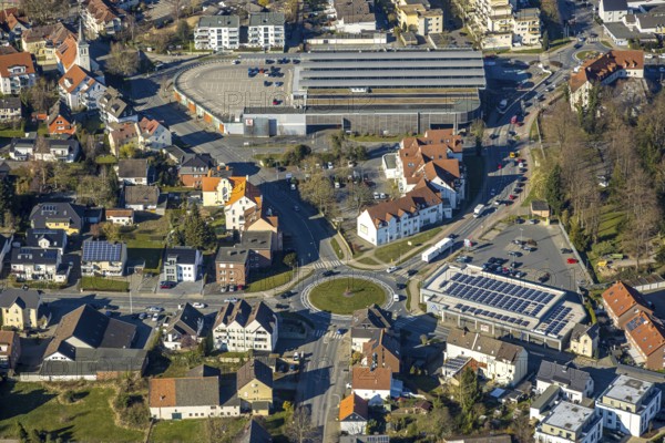 Aerial view, roundabout Hellweg, Aldi supermarket, above Kaufland supermarket, Werl, Soester Börde, North Rhine-Westphalia, Germany, DE, shopping centre, shopping markets, shopping place, shopping centre, Europe, roundabout, aerial view, aerial photography, aerial photography, local supply centre, shopping centre, supermarket, overview, bird's-eye view, overview