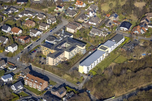 Aerial view, St. Michael Senior Citizens' Centre, Haus Hohe Fahrt St. Gabriel, right St. Michael Kindergarten, Werl, Soester Börde, North Rhine-Westphalia, Germany, retirement home, nursing home, care and nursing, DE, Europe, kindergarten, day care centre, day nursery, day nursery, aerial photograph, aerial photography, aerial photography, care facility, retirement home, retirement residence, retirement home, senior citizens' centre, overview, bird's eye view, birds-eyes view, overview