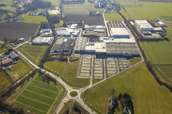Aerial view, industrial area Prozessionsweg with furniture Turflon, car park and roundabout, Ostbüderich, Werl, Soester Börde, North Rhine-Westphalia, Germany, DE, Europe, commercial enterprises, commercial area, commercial property, commercial park, commercial location, commercial use, industrial area, industrial location, aerial view, aerial photography, aerial photography, overview, bird's-eye view, bird's-eye view, overview