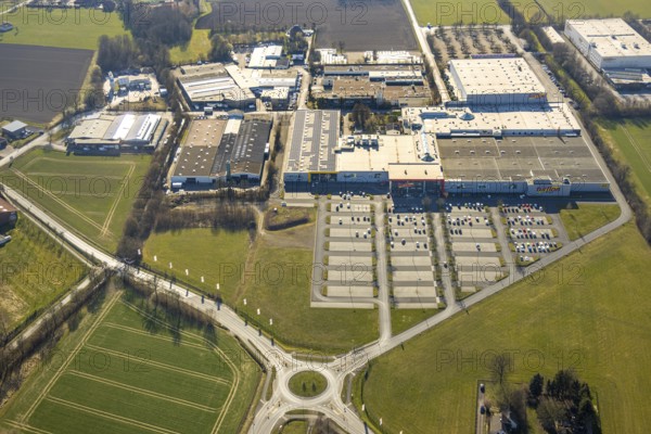 Aerial view, industrial area Prozessionsweg with furniture Turflon, car park and roundabout, Ostbüderich, Werl, Soester Börde, North Rhine-Westphalia, Germany, DE, Europe, commercial enterprises, commercial area, commercial property, commercial park, commercial location, commercial use, industrial area, industrial location, aerial view, aerial photography, aerial photography, overview, bird's-eye view, bird's-eye view, overview