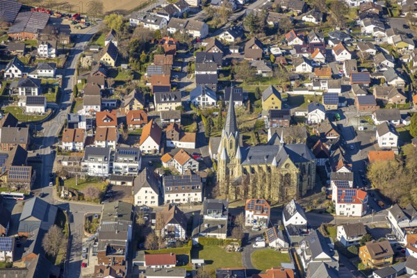 Aerial view, residential area local view with catholic church St. Kunibert, Westbüderich, Werl, Soester Börde, North Rhine-Westphalia, Germany, place of worship, DE, Europe, religious community, place of worship, property tax, holy site, real estate, church, parish, denomination, aerial view, aerial photography, aerial photography, religion, religious site, overview, bird's-eye view, residential area, living and life, residential area, residential quality, residential neighbourhood, housing estate, residential area, birds-eyes view, overview