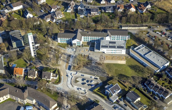Aerial view, construction site with extension and remodelling of the Walburgisschule, evang. Paulus-Kirche Werl, Werl, Soester Börde, North Rhine-Westphalia, Germany, place of worship, construction work, construction area, building site, building plots, construction project, construction site, education, educational institution, DE, Europe, religious community, place of worship, holy place, church, parish, denomination, educational institute, aerial view, aerial photography, aerial photography, new building, Paul-Gerhardt-Schule, religion, religious site, school building project, school, overview, bird's-eye view, birds-eyes view, overview