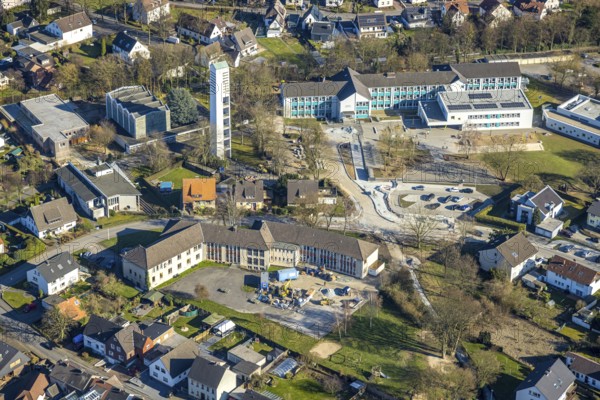 Aerial view, construction site with extension and remodelling of the Walburgisschule, evang. Paulus-Kirche and below the Paul-Gerhardt-Schule with construction site, Werl, Soester Börde, North Rhine-Westphalia, Germany, place of worship, construction work, construction area, construction site, construction site, construction project, construction site, education, educational institution, DE, Europe, religious community, place of worship, holy place, church, parish, denomination, educational institute, aerial view, aerial photography, aerial photography, new building, Paul-Gerhardt-Schule, religion, religious site, school building project, school, overview, bird's-eye view, birds-eyes view, overview