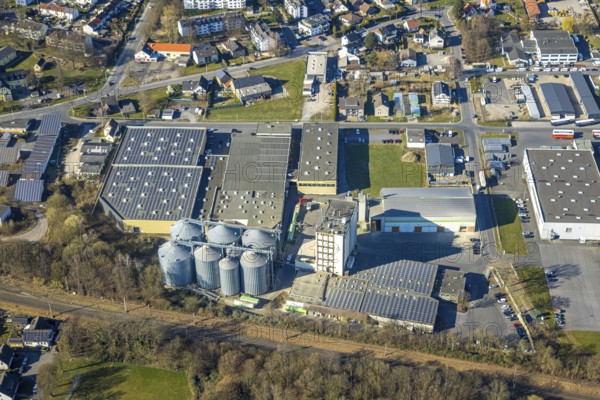 Aerial view, commercial area with Knauf Interfer Aluminium GmbH and Raiffeisen Vital eG agricultural products, Werl, Soester Börde, North Rhine-Westphalia, Germany, DE, Europe, commercial enterprises, commercial area, commercial property, commercial park, commercial site, commercial use, industrial area, industrial site, aerial photograph, aerial photography, aerial photography, overview, bird's-eye view, bird's-eye view, overview