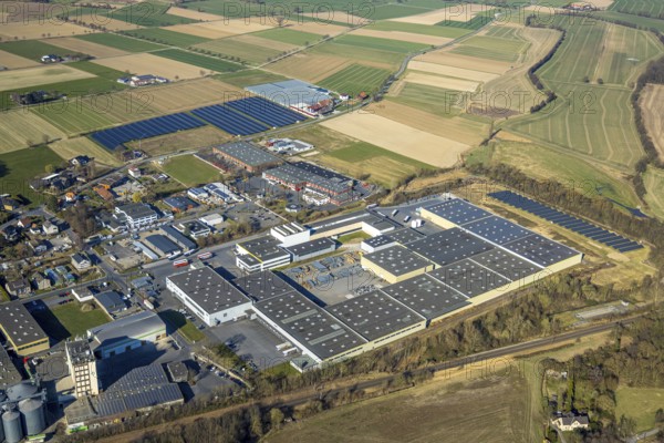 Aerial view, commercial area Zur Mersch with CS Parts Logistics GmbH warehouse, meadows and fields, Werl, Soester Börde, North Rhine-Westphalia, Germany, DE, Europe, commercial enterprises, commercial space, commercial area, commercial property, commercial park, commercial site, commercial use, industrial area, industrial site, aerial photograph, aerial photography, aerial photography, overview, bird's-eye view, bird's-eye view, overview