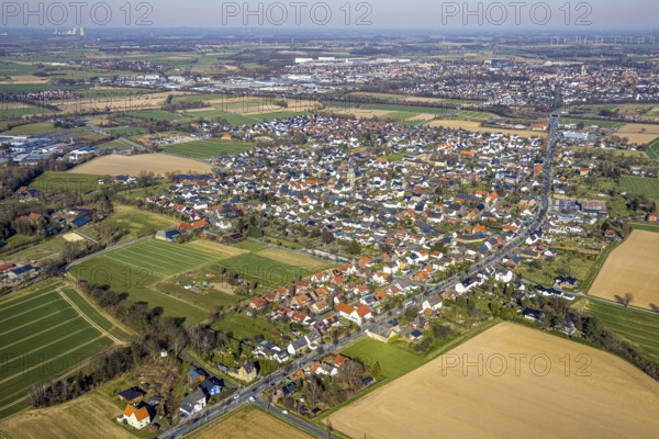 Aerial view, residential area local view with catholic church St. Kunibert, Westbüderich, Werl, Soester Börde, North Rhine-Westphalia, Germany, place of worship, DE, Europe, religious community, place of worship, property tax, holy site, real estate, church, parish, denomination, aerial view, aerial photography, aerial photography, religion, religious site, overview, bird's-eye view, residential area, living and life, residential area, residential quality, residential neighbourhood, housing estate, residential area, birds-eyes view, overview